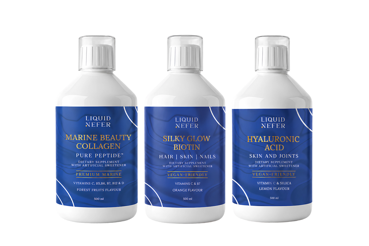 Liquid Glow Bundle: Marine Beauty Collagen, Silky Glow Biotin and Hyaluronic Acid