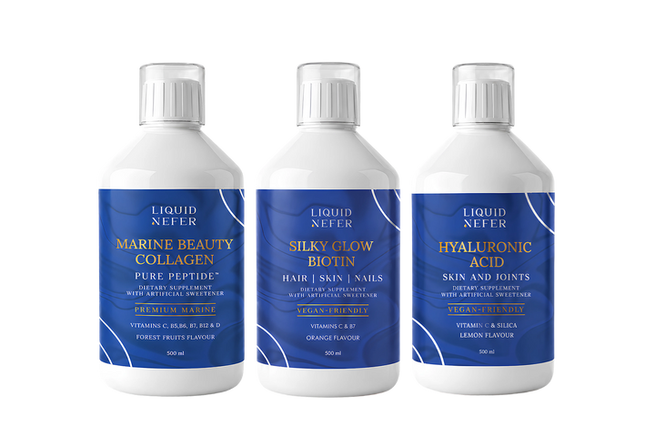 Liquid Glow Bundle: Marine Beauty Collagen, Silky Glow Biotin and Hyaluronic Acid