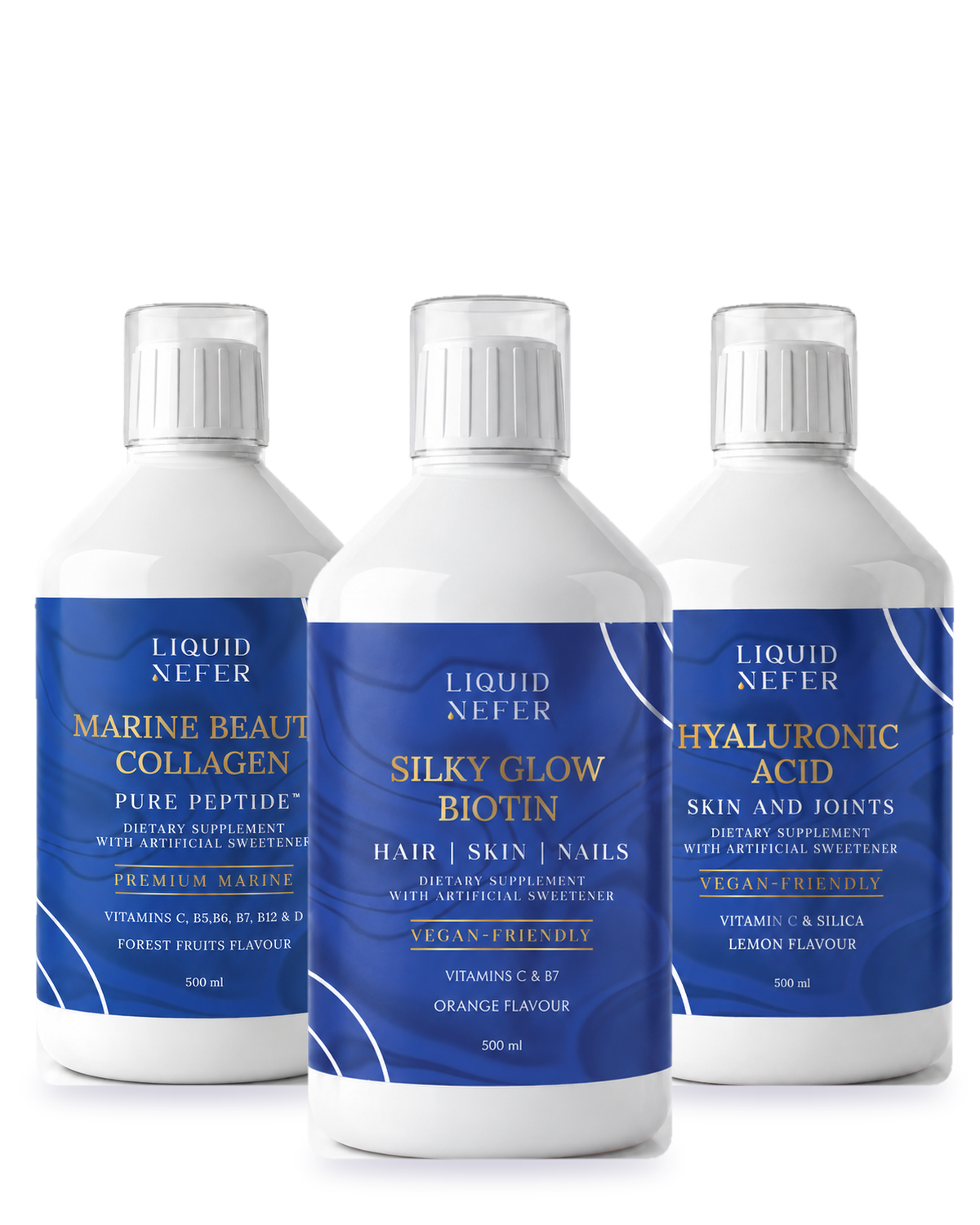 Liquid Glow Bundle: Marine Beauty Collagen, Silky Glow Biotin and Hyaluronic Acid