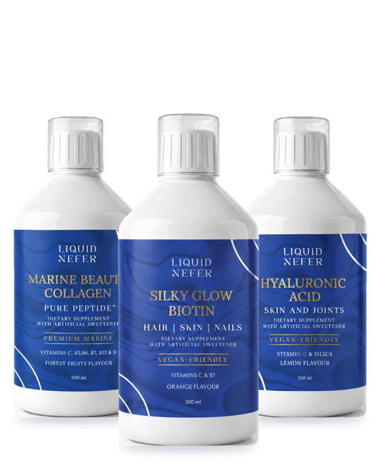 Liquid Glow Bundle: Marine Beauty Collagen, Silky Glow Biotin and Hyaluronic Acid